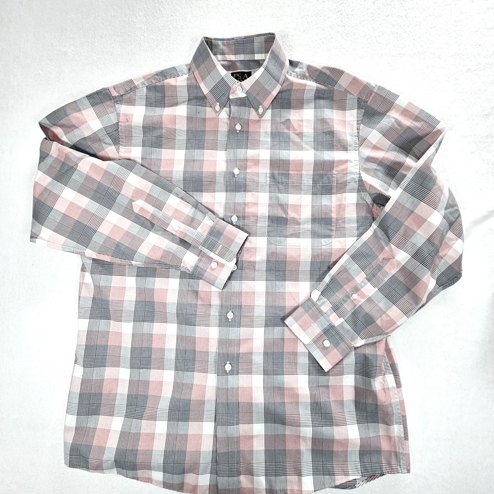 Jos A Bank Travelers Collection Mens Medium Plaid Button Down‎ Shirt Pink Blue